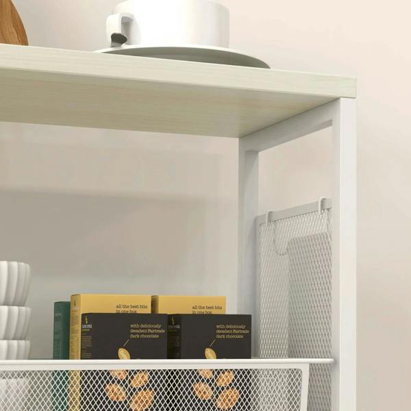 White top shelf and side steel wire basket attached to a 3-tier kitchen cart frame.