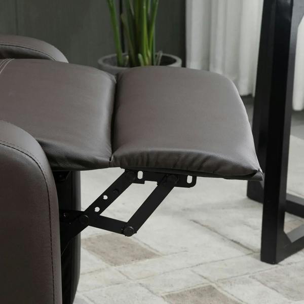 Brown recliner armchair leg-rest mechanism with faux leather armrest and side panel