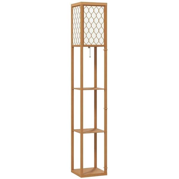 Natural wood three-shelf standing lamp with lattice front panels and three open shelves.