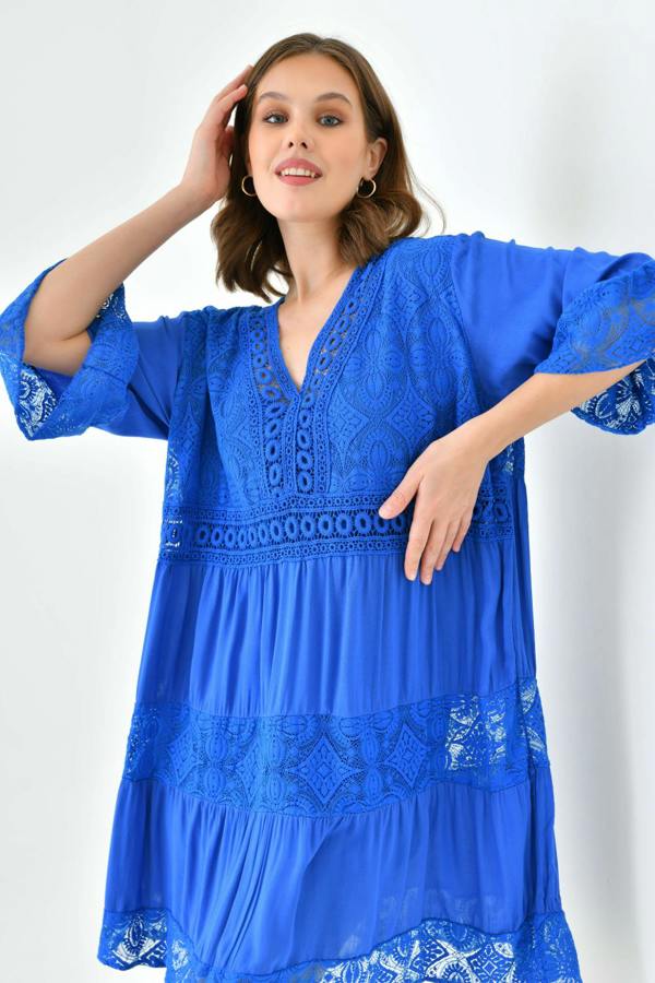 Hoxton Gal Oversized 3/4 Sleeves Lace Detailed V Neck Mini Dress in Royal Blue