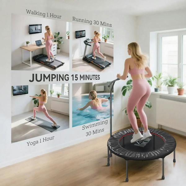 Black round rebounder trampoline with adjustable handle for full-body indoor exercise