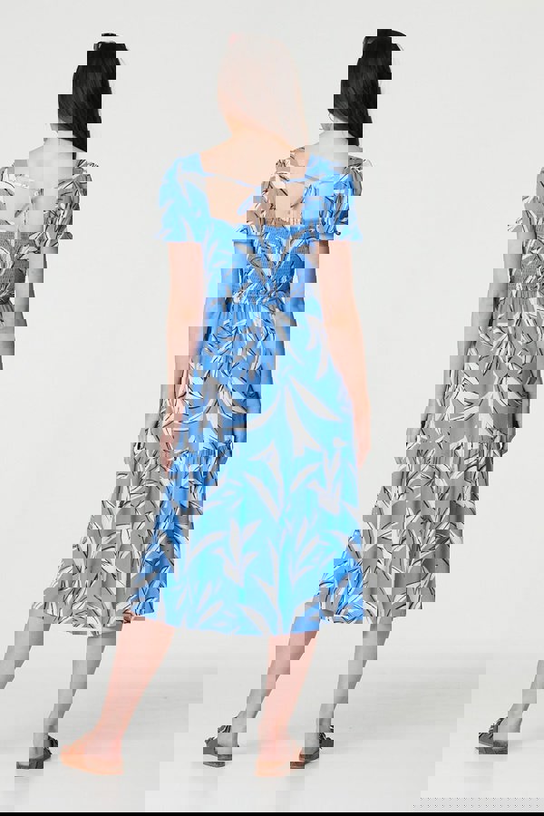 Blue | Leaf Print Smocked Midi Dress