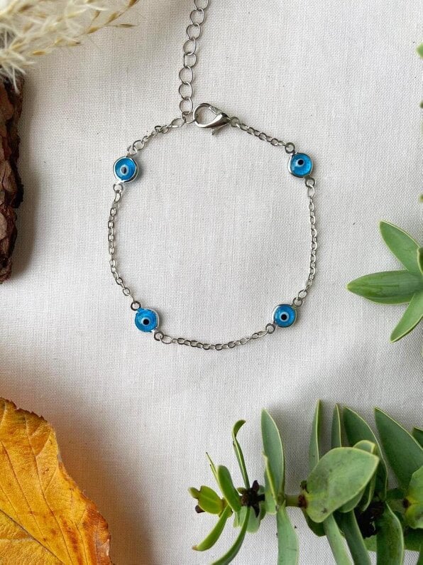 The Colourful Aura Gold and Silver Evil Eye Charm Beaded Slim Chain Adjustable Lucky Eye Bracelet - Silver