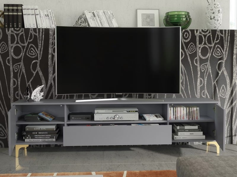 Mex Furniture Luxurious Grey TV Stand with Fluted Doors & Gold Accents – 200cm Media Console