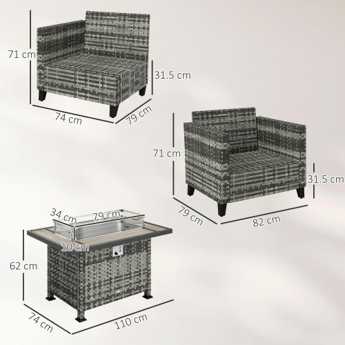Wyld Haus Nerato Grey Rattan 4 Seater Garden Furniture Set With Gas Fire Pit Table