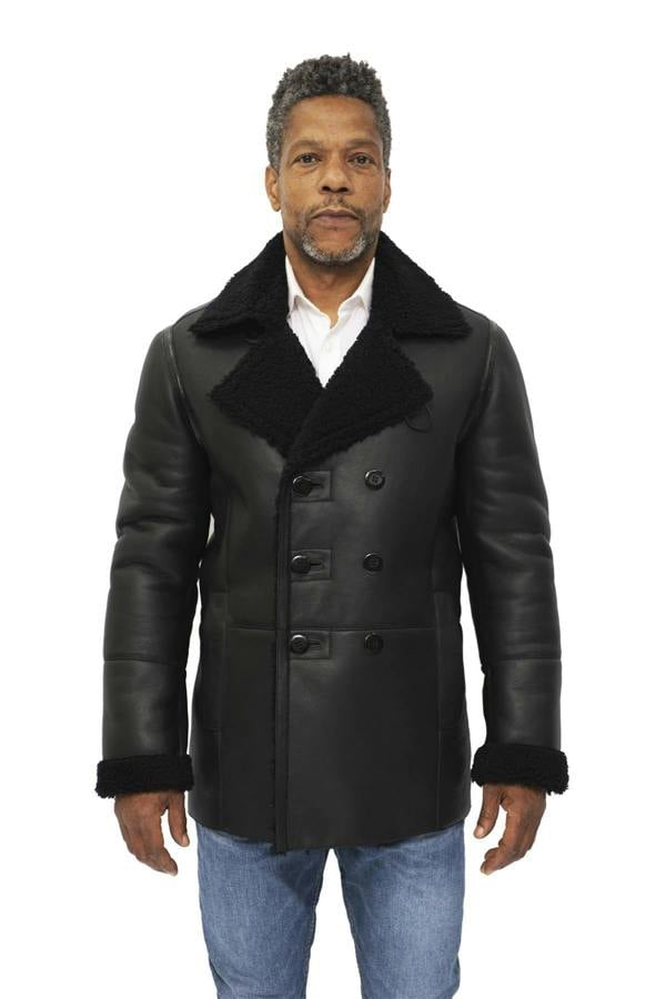 Infinity Leather Mens Double Breasted Shearling Sheepskin Pea Coat-Kington