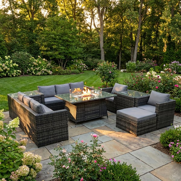 Fimous 9 Seater Rattan Outdoor Garden Furniture Set with Gas Fire Pit Dining Table, 2 Sofas, 2 Chairs, 2 Side Tables - Dark Grey