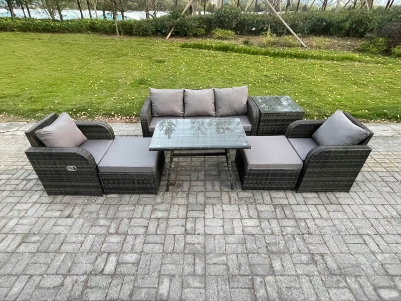 Fimous Outdoor Garden Furniture Sets 7 Pieces Wicker Rattan Furniture Sofa Sets with Rectangular Dining Table 2 Big Footstool Side Table