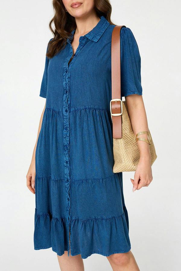 Blue | Tiered 1/2 Sleeve Knee Length Dress