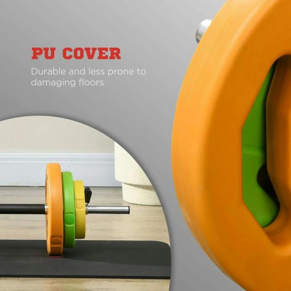 Barbell weight plates with orange outer and green inner rings on a black bar
