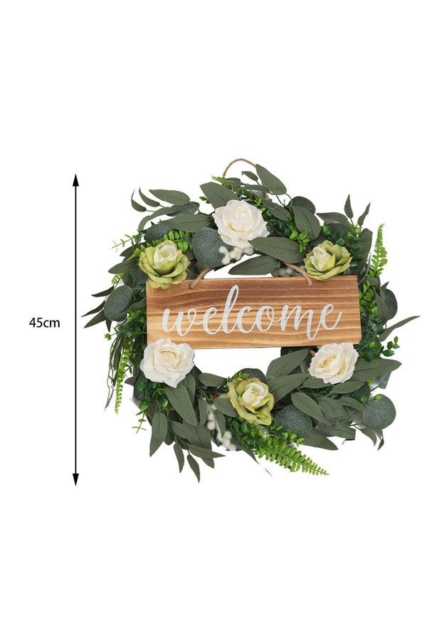 Living and Home D45cm Farmhouse Door Artificial Rose Flower Wreath Welcome Sign