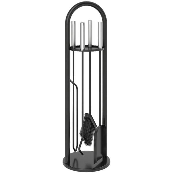 Silver metal fireplace tool set with broom, shovel, poker, bucket in round stand