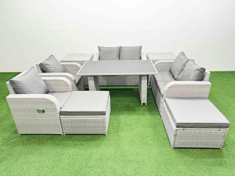 Fimous 9 Pieces Outdoor PE Rattan Sofa Reclining Chair Set Patio Garden Furniture Sets with Cushions 2 Side Tables 2 Big Stools Light Grey