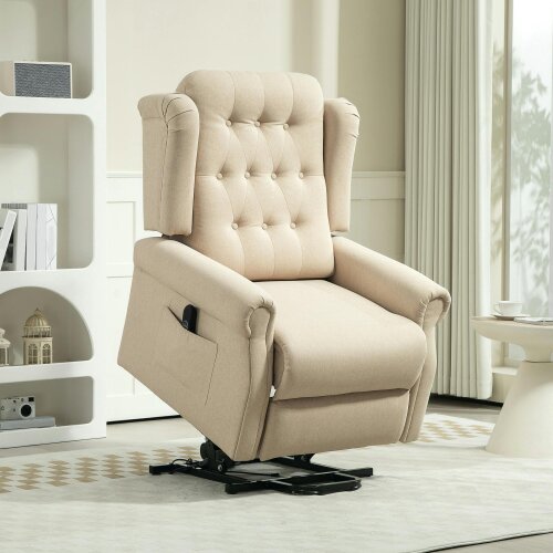 HOMCOM Power Lift Recliner Armchair with Wingback, Button Tufted - Beige