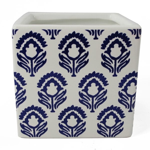 Leaf 12cm Ceramic Cube Planter with Decorative Print Blue Tulip