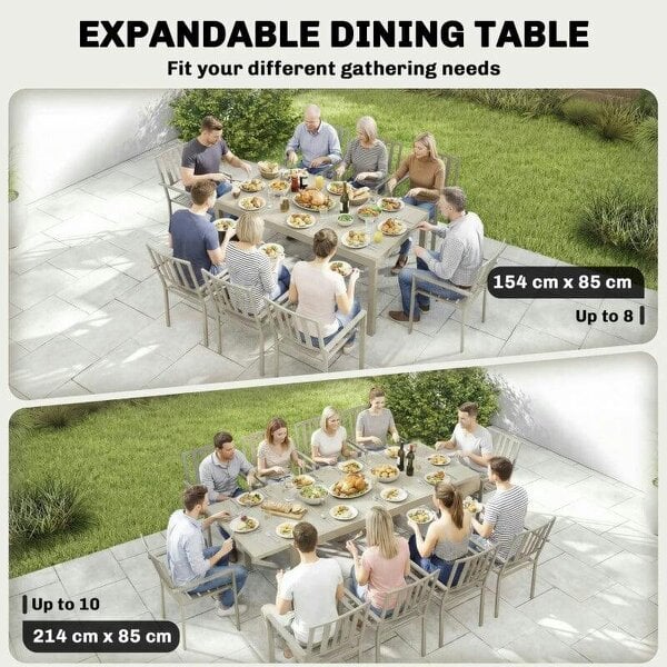 Extending Garden Table, Aluminium Outdoor Dining Table for 8-10 with Wood-Like Grained Surface, Light Grey Wood Effect