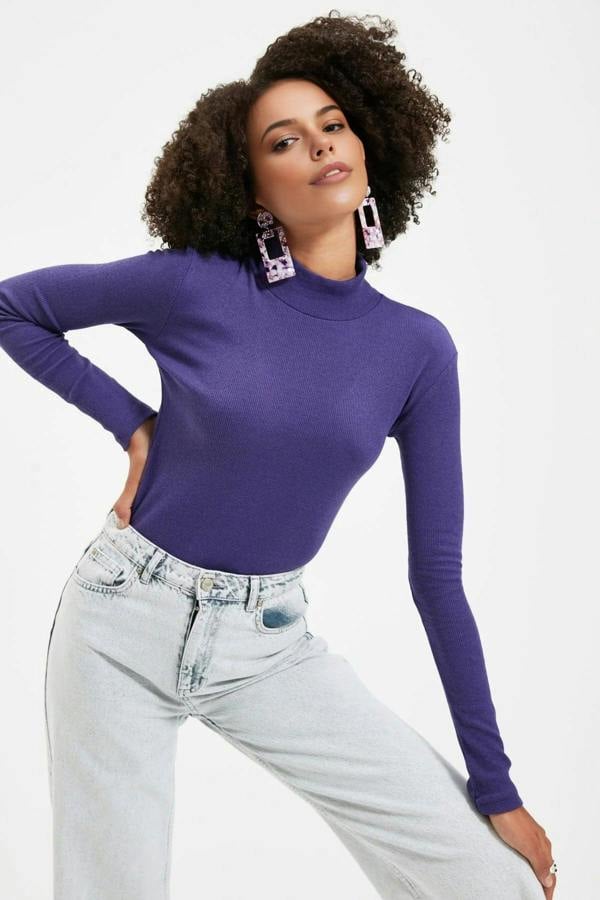WOVCOR Fitted Stand Collar Long Sleeve Ribbed Knit Blouse
