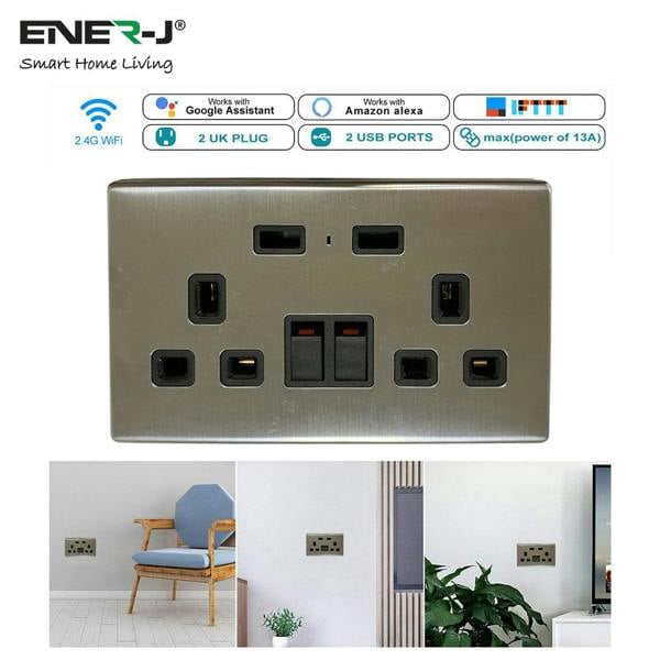ENER-J smart WiFi double wall socket with 2 USB ports compatible with Alexa Google Assistant and IFTTT for smart home automation