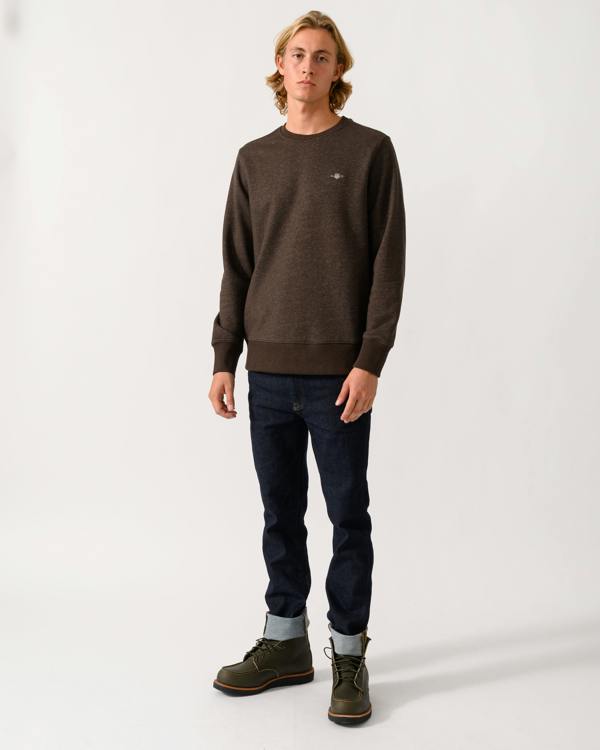 GANT Mens Regular Fit Shield Logo Crew Neck Sweatshirt - 284 Black Brown Melange