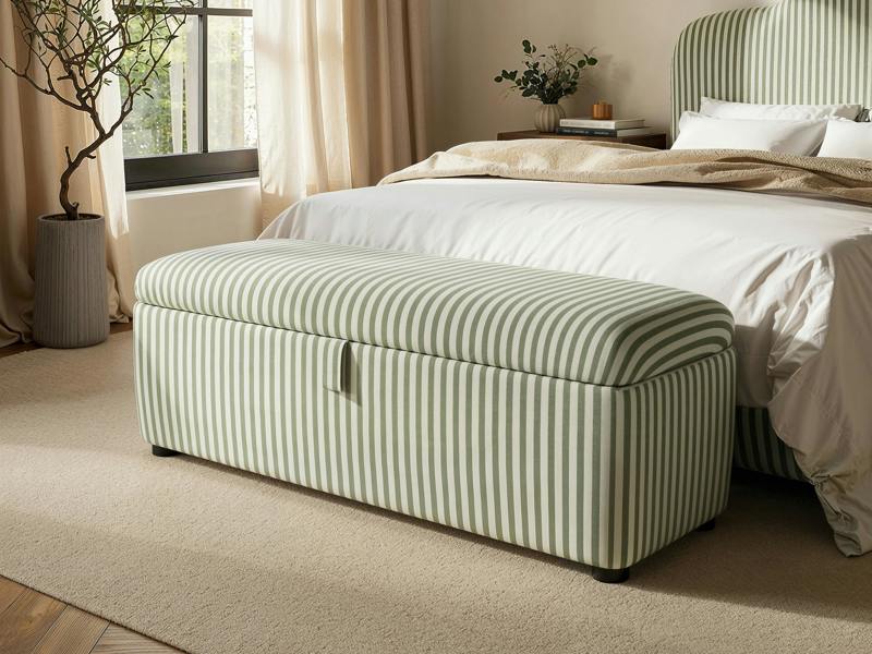 SOLACE+CO Skylynn Ottoman Blanket Box Cream Striped Woven Fabric Cream - Cream & Green