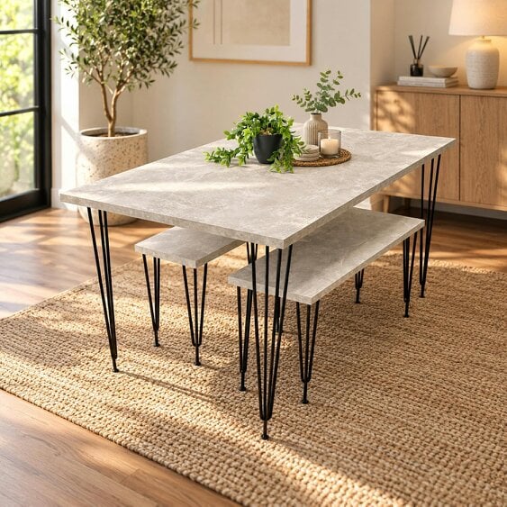 Kosy Koala Modern Grey Dining Table with 2 Benches Dining Room Furniture