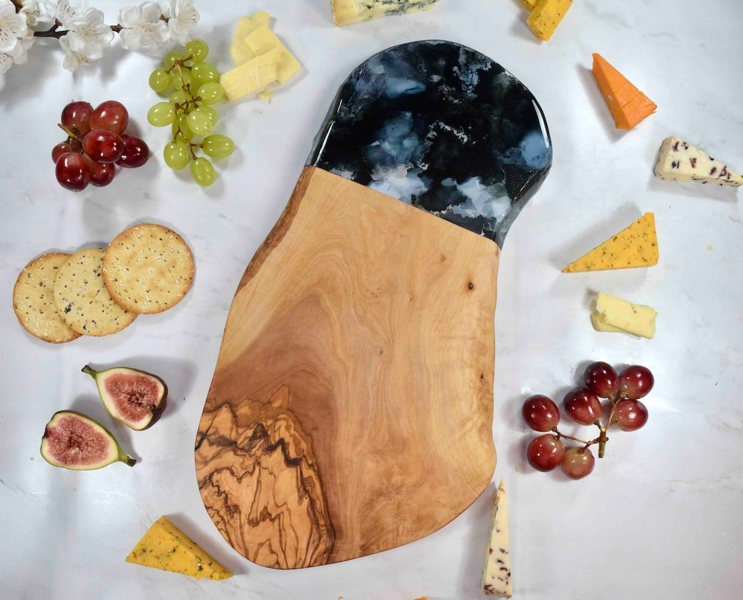 Olive Wood Board with Black Silver Resin Art - Unusual Birthday Gift Ideas - Foodie Present