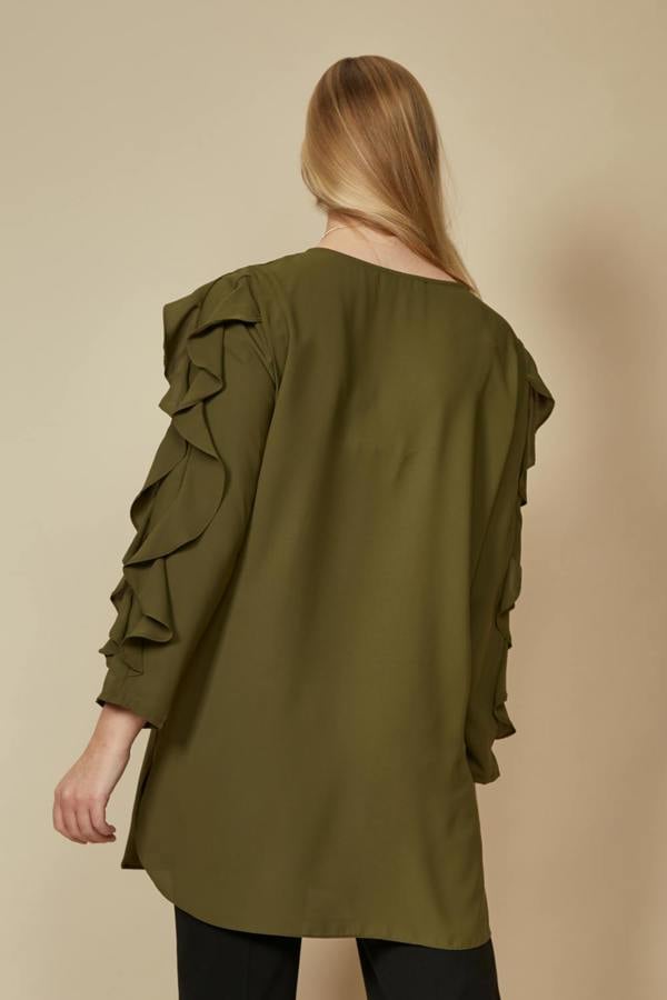 Hoxton Gal Oversized Ruffle Sleeve Relaxed Fit Tunic in Khaki