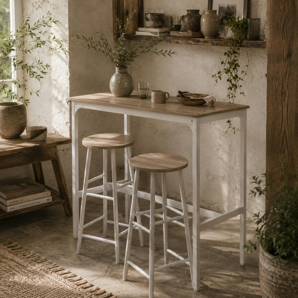 Wyld Haus Faro Wooden Oak 3 Piece Industrial Bar Table And Stool Set