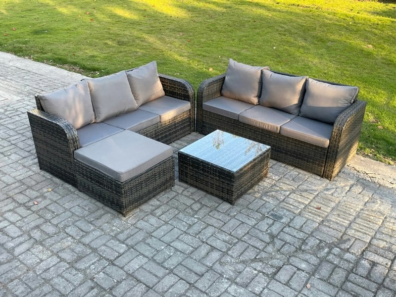 Fimous Indoor Outdoor Rattan Garden Furniture 7 Seater Set Table Sofa Chair Patio Conservatory with Grey Cushions Big Footstool