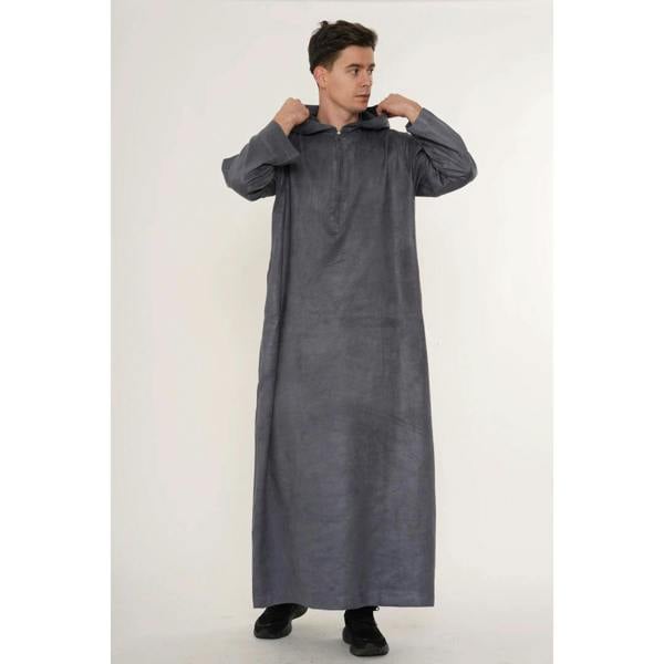 HM12 - Men's Hooded Suede Emirati Omani Zipped Thobe - Grey - Thobez - 20