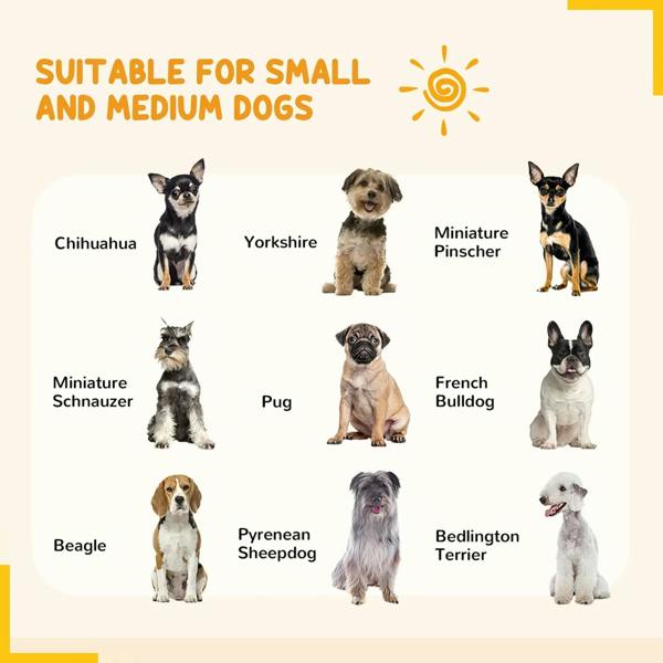 Dog pen size guide graphic with silhouettes of small and medium dog breeds