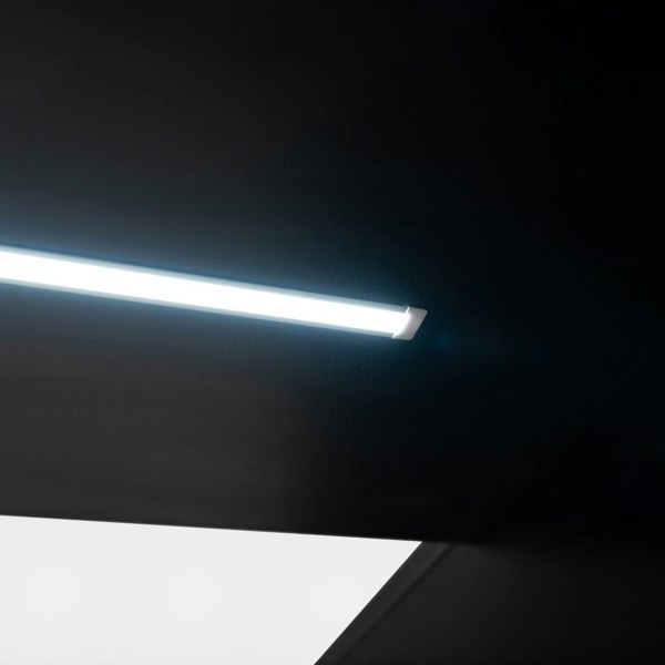 Sleek black LED retail shop counter B1200 with modern design, featuring a bright, linear light strip for enhanced visibility