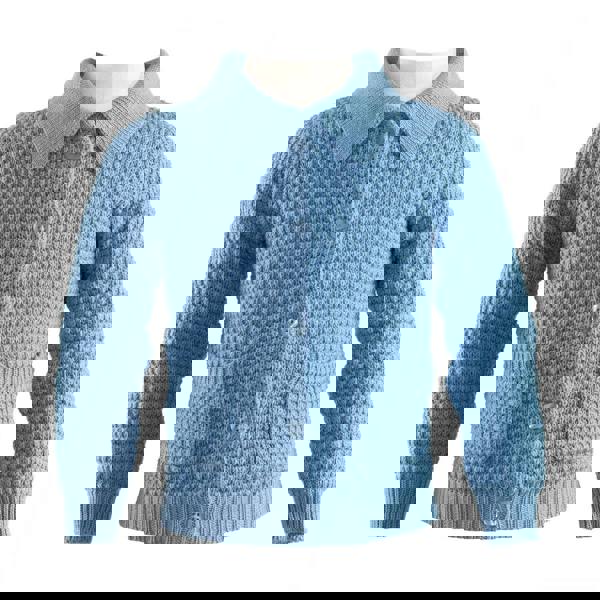 Boys blue moss stitch cardigan with a collar, pockets and pearl button front to fasten.