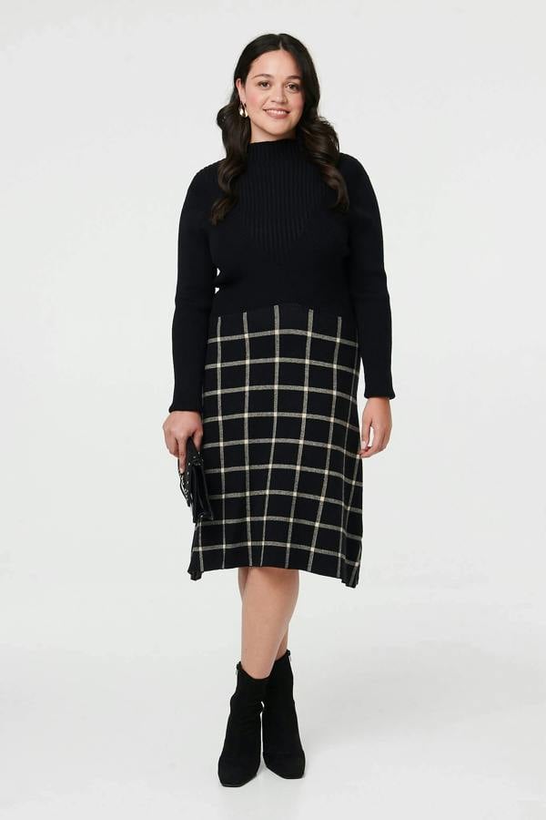 Black | Curve Checked High Neck Knit Midi Dress