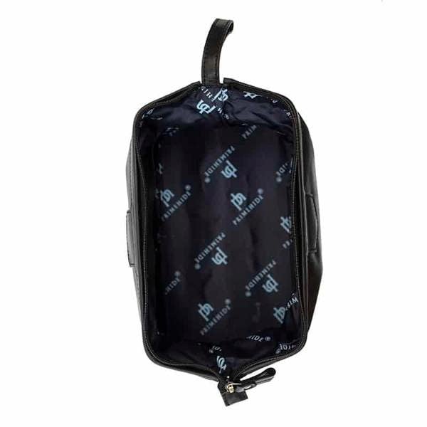Open view of Black leather washbag on a white background