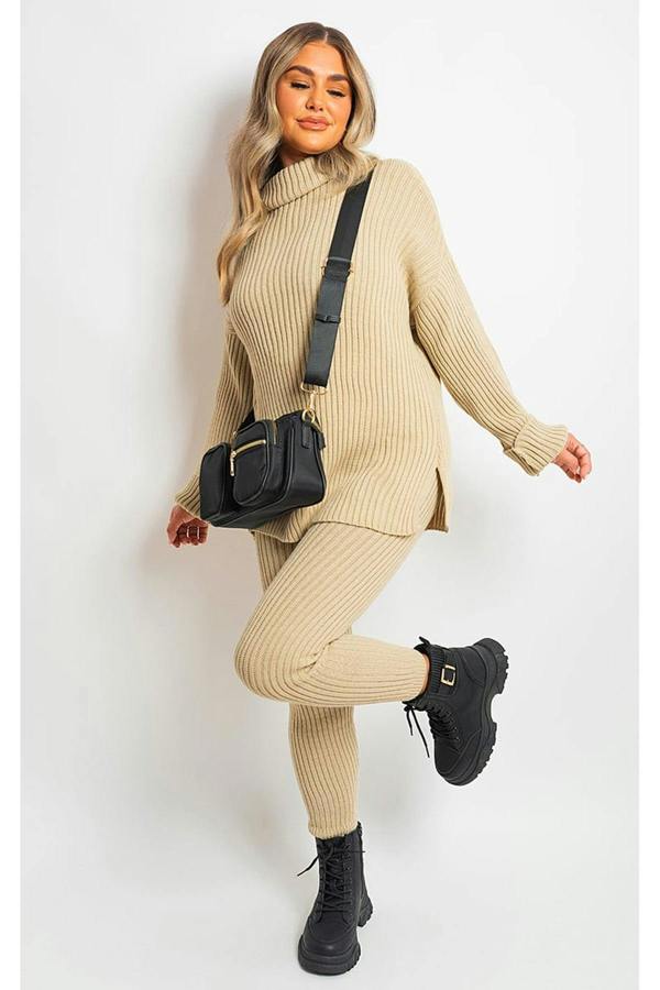Mila Chunky Knitted High Roll Neck Top Bottom Co-ord Set - Stone