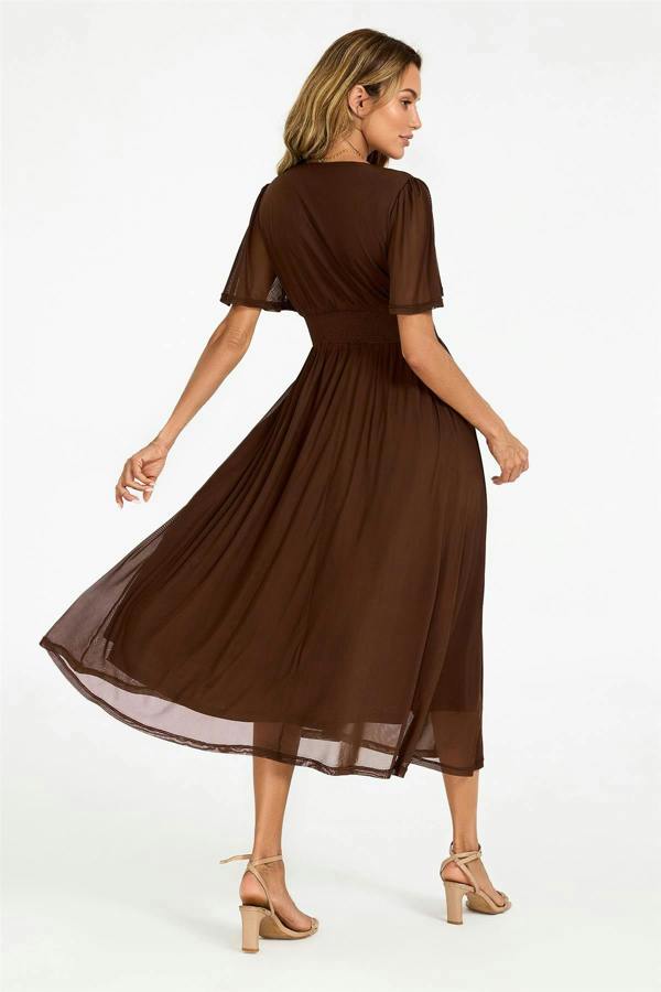 FS Collection Flutter Sleeve Mesh Midi Dress In Brown
