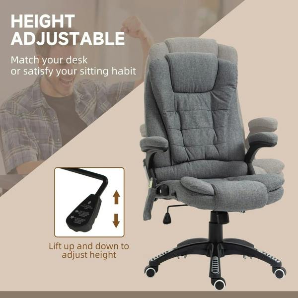 Grey height-adjustable massage recliner chair with lift lever and swivel caster base