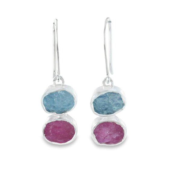 Reeves & Reeves Ruby and Aqua Rough Stone Drop Earrings