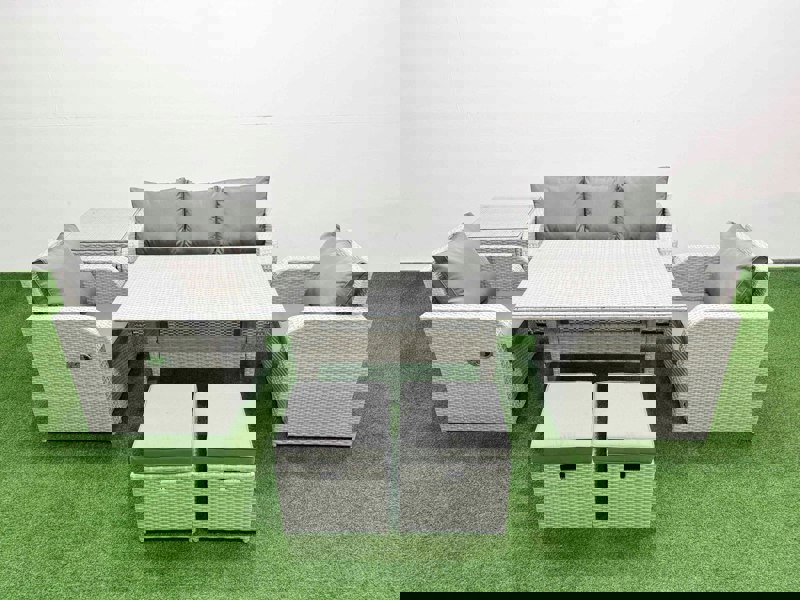 Fimous PE Rattan Garden Furniture Set Reclining Chair Sofa Lounge Sofa Set Rectangular Dining Table Side Table 2 Small Stools Light Grey