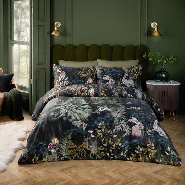 Paoletti Reversible Cotton Sherwood Duvet Cover Set - Forest Green/Black