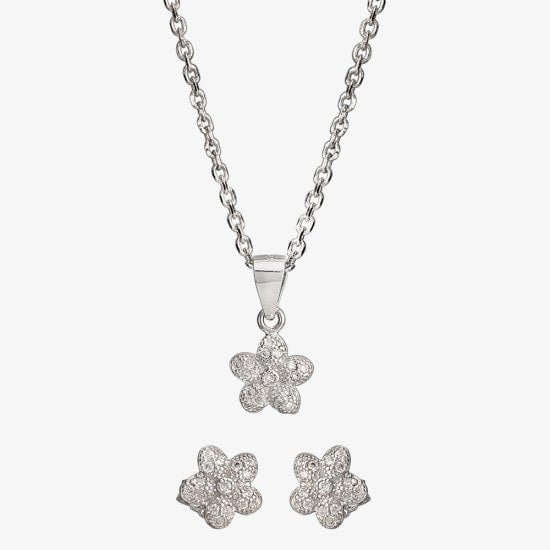 T. H. Baker Silver Cubic Zirconia Textured Flower Pendant and Earring Set E610851+E610851-P