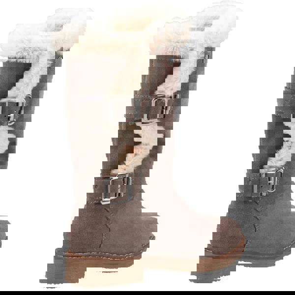 Hush Puppies Megan Womens Tall Hi Zip Up Mid Calf Boots, taupe suede boot with faux fur lining and buckle straps.