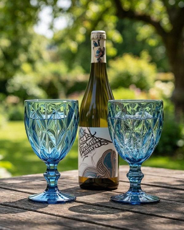 Bottle of wine and two blue glasses on a wooden table outdoors.
