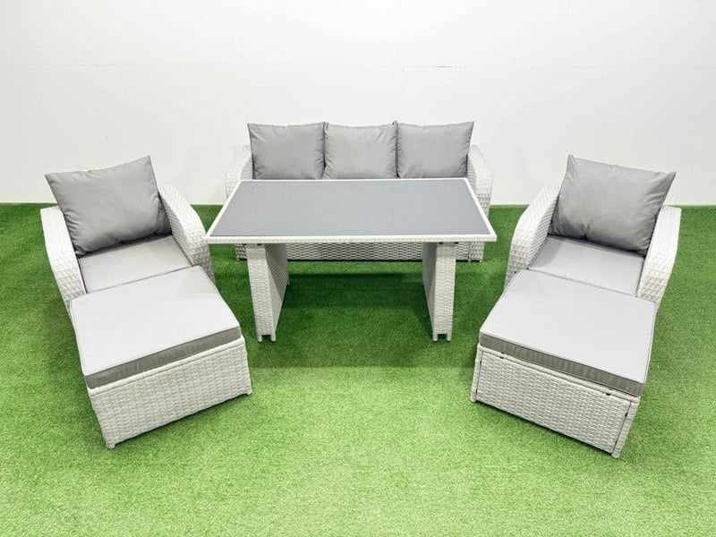 Fimous Outdoor Rattan Garden Furniture Dining Set 7 seater Patio Rectangular Table 3 Seater Sofa Reclining Chair Set with 2 Big Stools