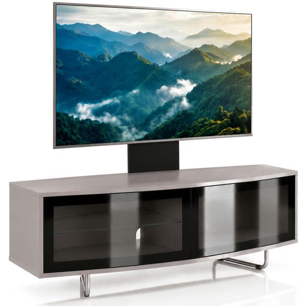 Centurion Supports Caru Black Greige Beam-Thru Remote Friendly Super-Contemporary D Shape Design 32"-65" LED/OLED/LCD TV Cabinet with Mounting Arm