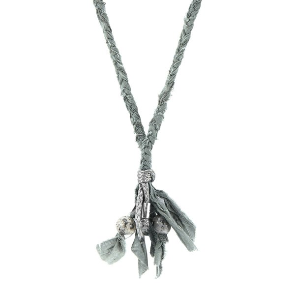 Anchor & Crew Grey Jasper Marcus Silver, Stone and Braided Cotton Voile SKINNY Necklace x Wrap Bracelet