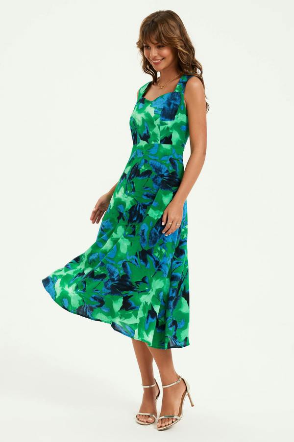 FS Collection Abstract Floral Print Heart Neck Midi Green