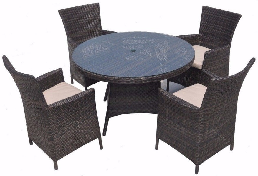 Furniture One 5 PCS Aluminium Rattan Garden Furniture 4 Seat Set, Round Tempered Glass Dining Table + 4 Chairs Set Full Assembly