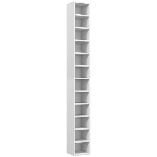 White CD media storage tower with tall narrow shelves